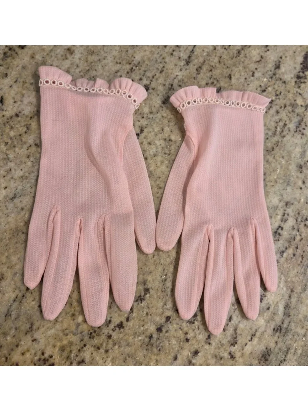 Vintage Womens Size L/XL Pink Nylon Formal Gloves Ruffle Wrist